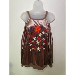 Listicle Champagne Velvet Top with Colorful Floral Embroidery, Size Large